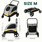 Petifo Size M dog stroller dimensions and sizing chart showing full measurements and its folded layout