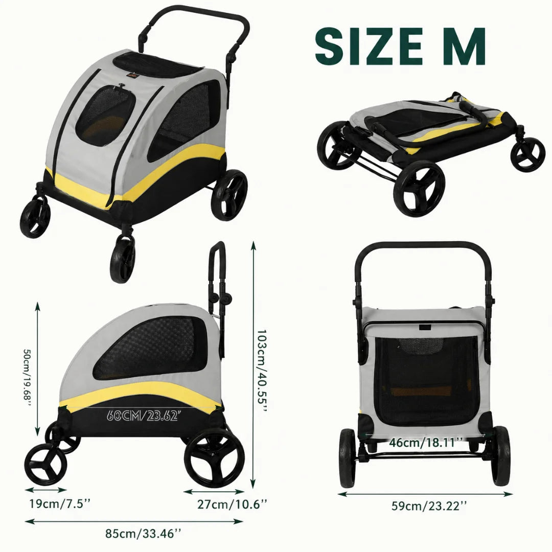 Petifo Size M dog stroller dimensions and sizing chart showing full measurements and its folded layout