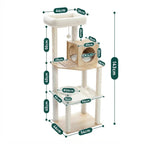 A diagram featuring a beige modern cat tower with wooden-finish accents, labeling the 143 cm total height and widths for the cat house and platforms.