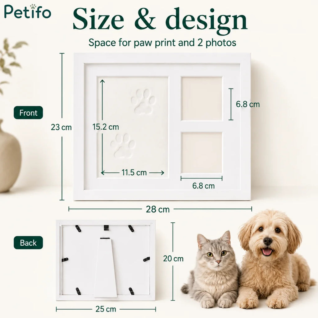 Dimensioned architectural drawing detailing the exact sizing specifications of the front and back of the cat and dog memory frame.