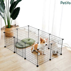 Corgi puppy inside a modular Petifo black wire dog playpen with a door and resting mat.