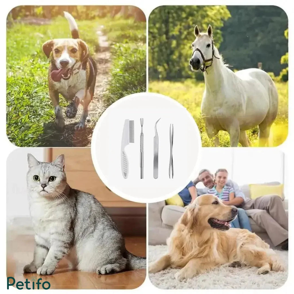 Multi-animal lifestyle collage showing dogs, a horse, and a cat with a central tick removal tool kit.