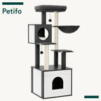 Modern Petifo black and white multi-level cat tree with sisal scratching posts, a cozy enclosed condo base, and a hanging hammock for cat relaxation.