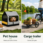 Multi-use demonstration showing the carrier functioning as a cozy indoor pet house and an outdoor cargo transport cart.
