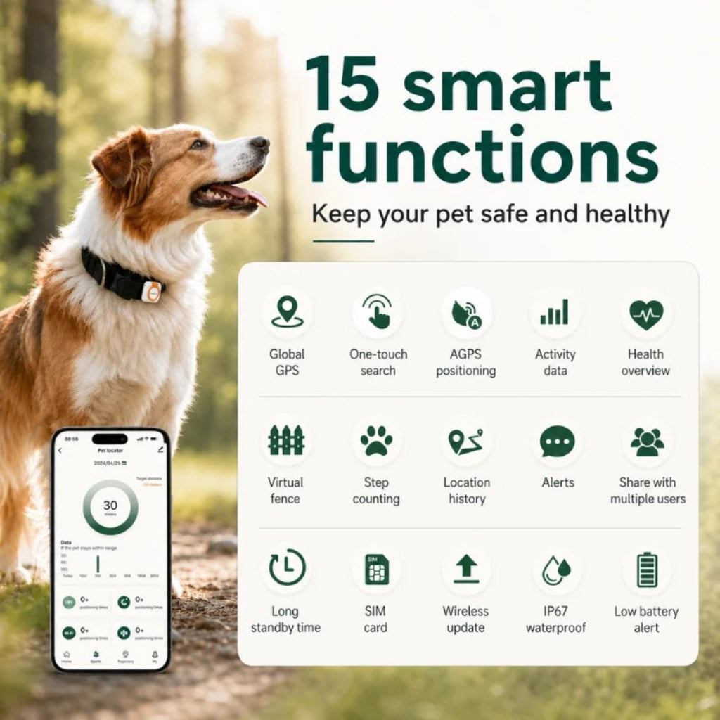 Multi function GPS pet tracker with health tracking alerts and global positioning Petifo