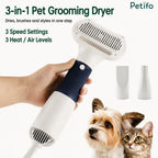 Petifo 3-in-1 pet grooming dryer with multiple speed settings, heat levels, and nozzle attachments.