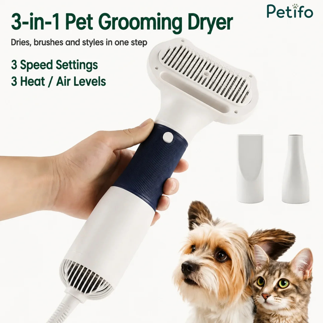 Petifo 3-in-1 pet grooming dryer with multiple speed settings, heat levels, and nozzle attachments.