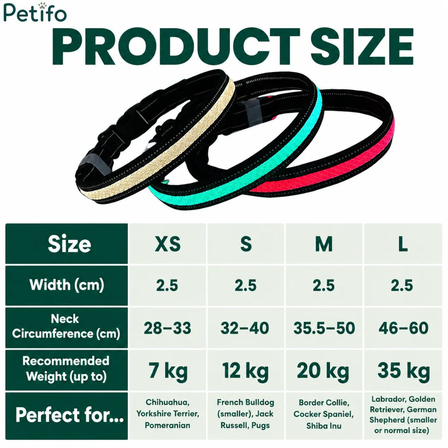 Maattabel van het product met nekomtrekbereiken en aanbevolen gewichtsgrenzen van XS tot L voor de ledhalsband voor honden.
