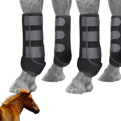 Set of four black neoprene horse leg boots designed for protection and injury prevention.