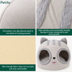Detailed feature breakdown of the Petifo cat nest showing non-slip silicone bottom points, high-density sponge, skin-friendly fabric, and the overall nest structure.