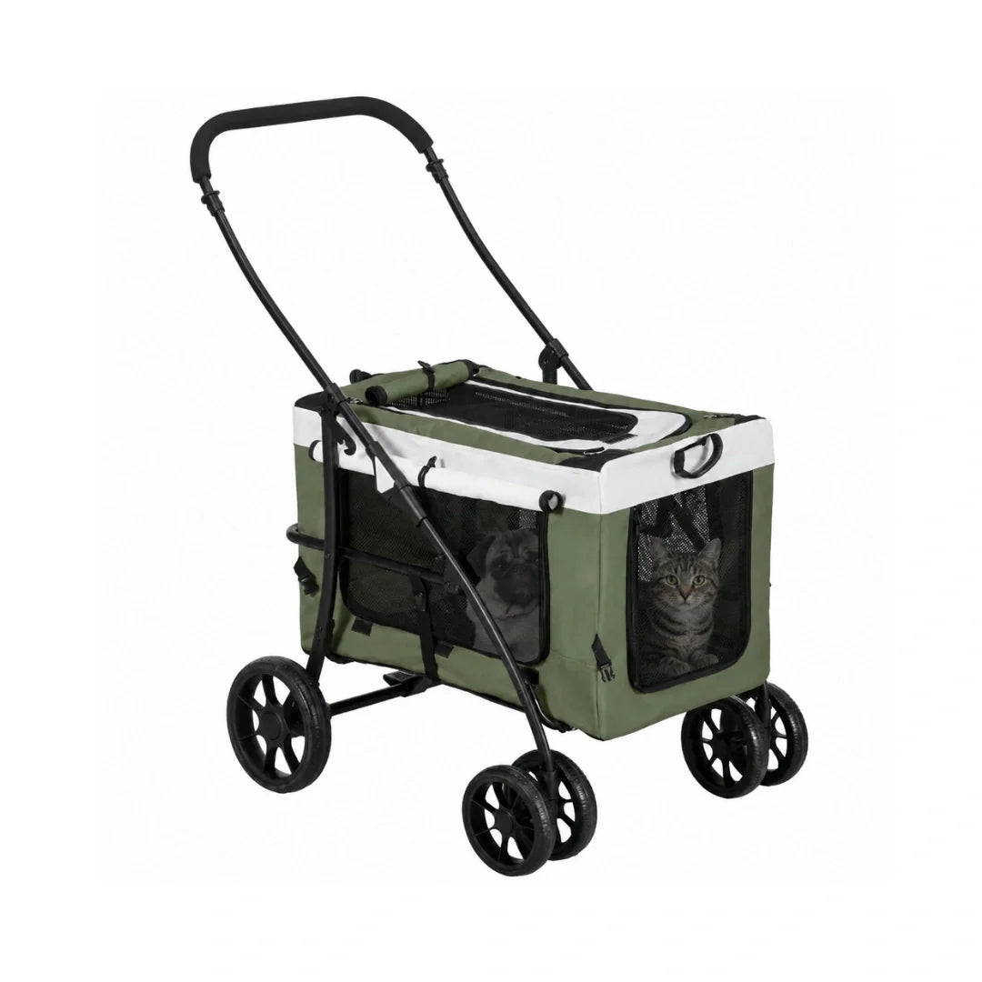 Petifo olive green multi-pet stroller with black frame featuring breathable mesh panels and dual pet occupants.