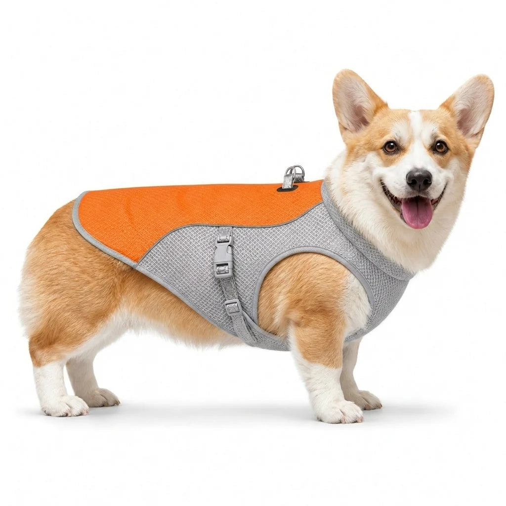 Corgi wearing an orange cooling vest in size small.