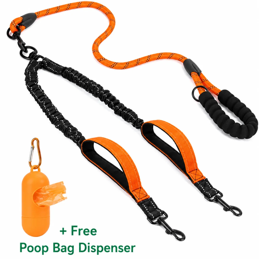 Orange heavy-duty double dog leash layout with dual splitters and an included matching poop bag dispenser.