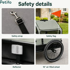 Four-panel safety details view showcasing the interior leash strap, orange visibility flag, reflective rear plate, and large pneumatic wheel.