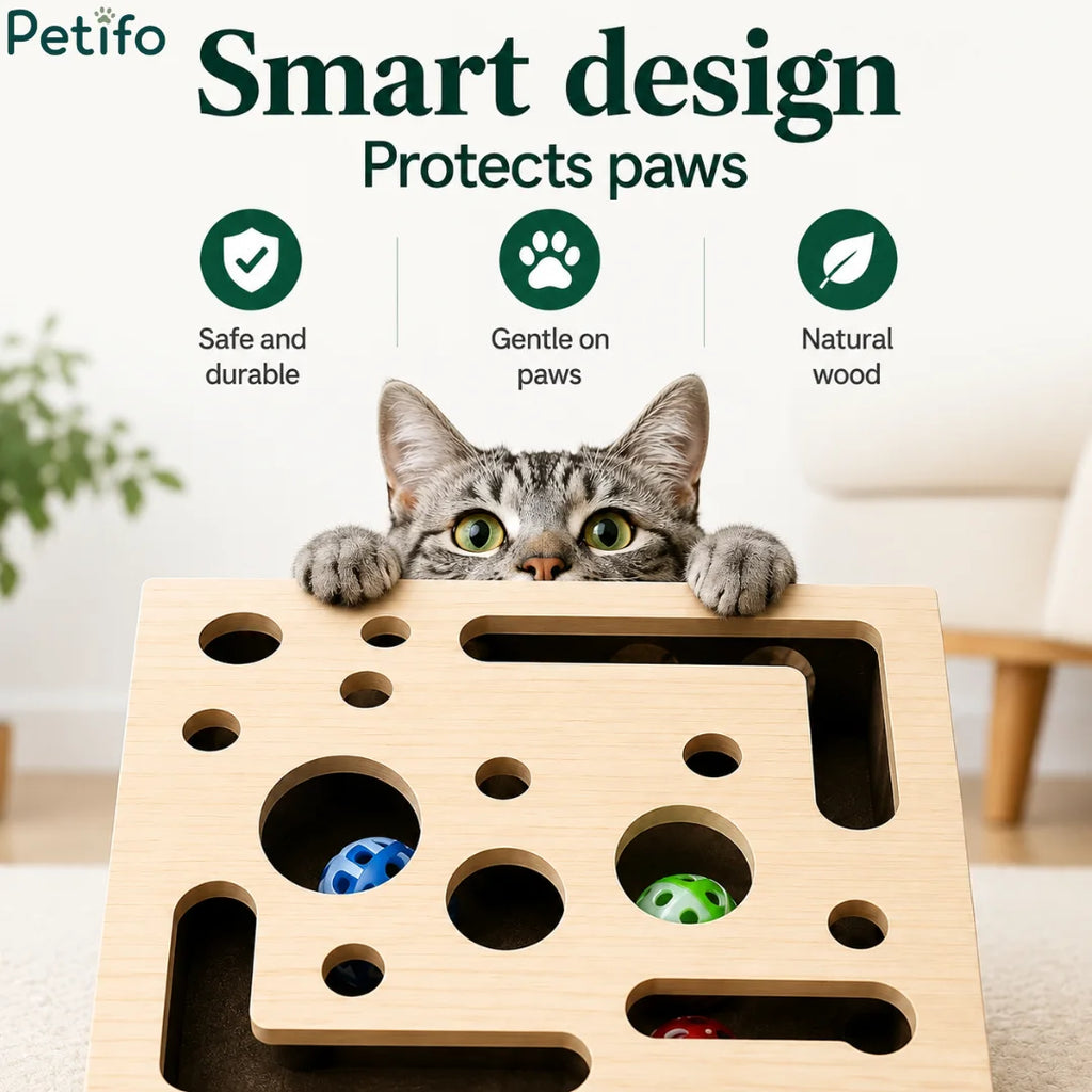 Cute close-up of a tabby cat peering over the top of the wooden activity box next to paw-friendly design highlights.