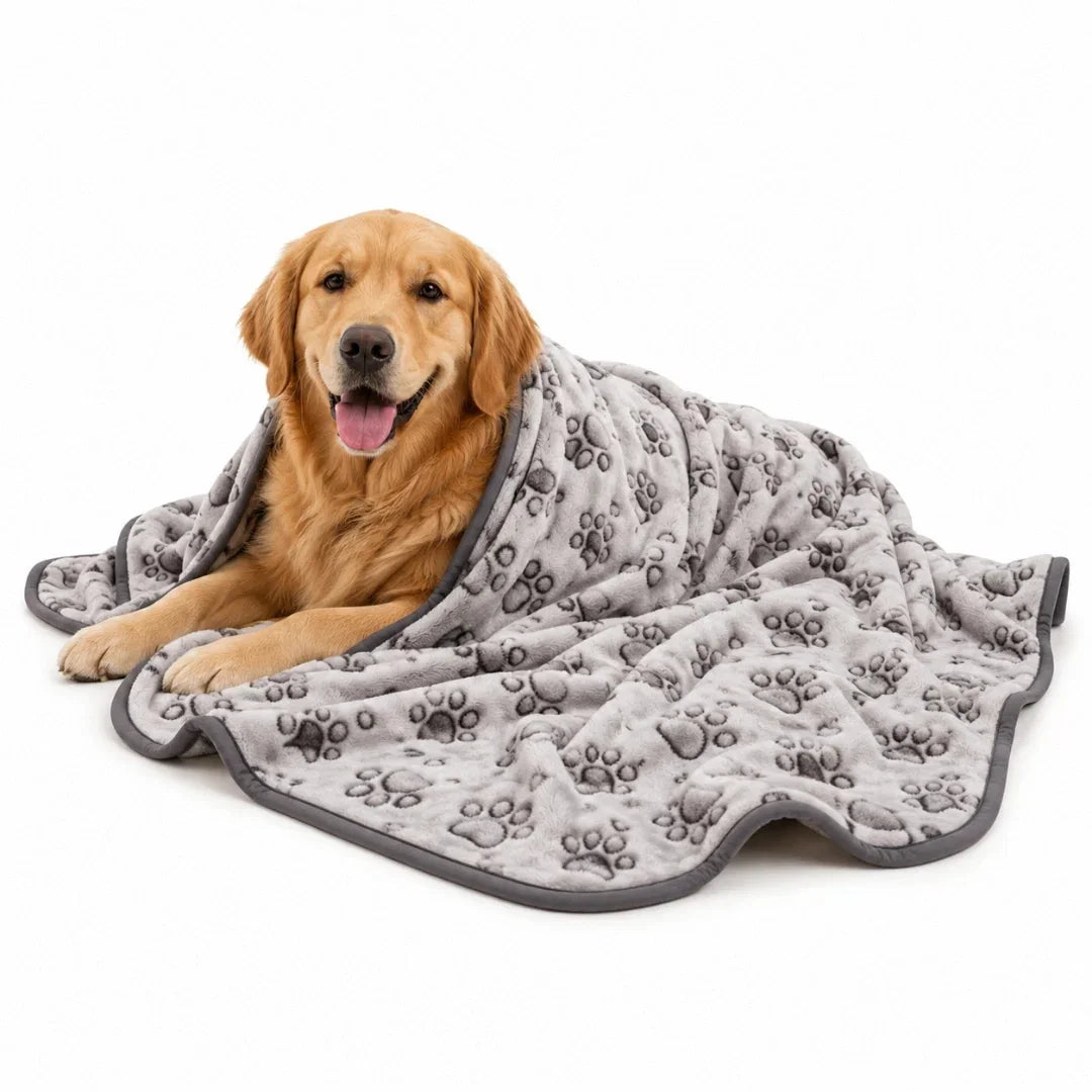 Golden retriever puppy resting comfortably under a grey paw-print fleece blanket against a white background.