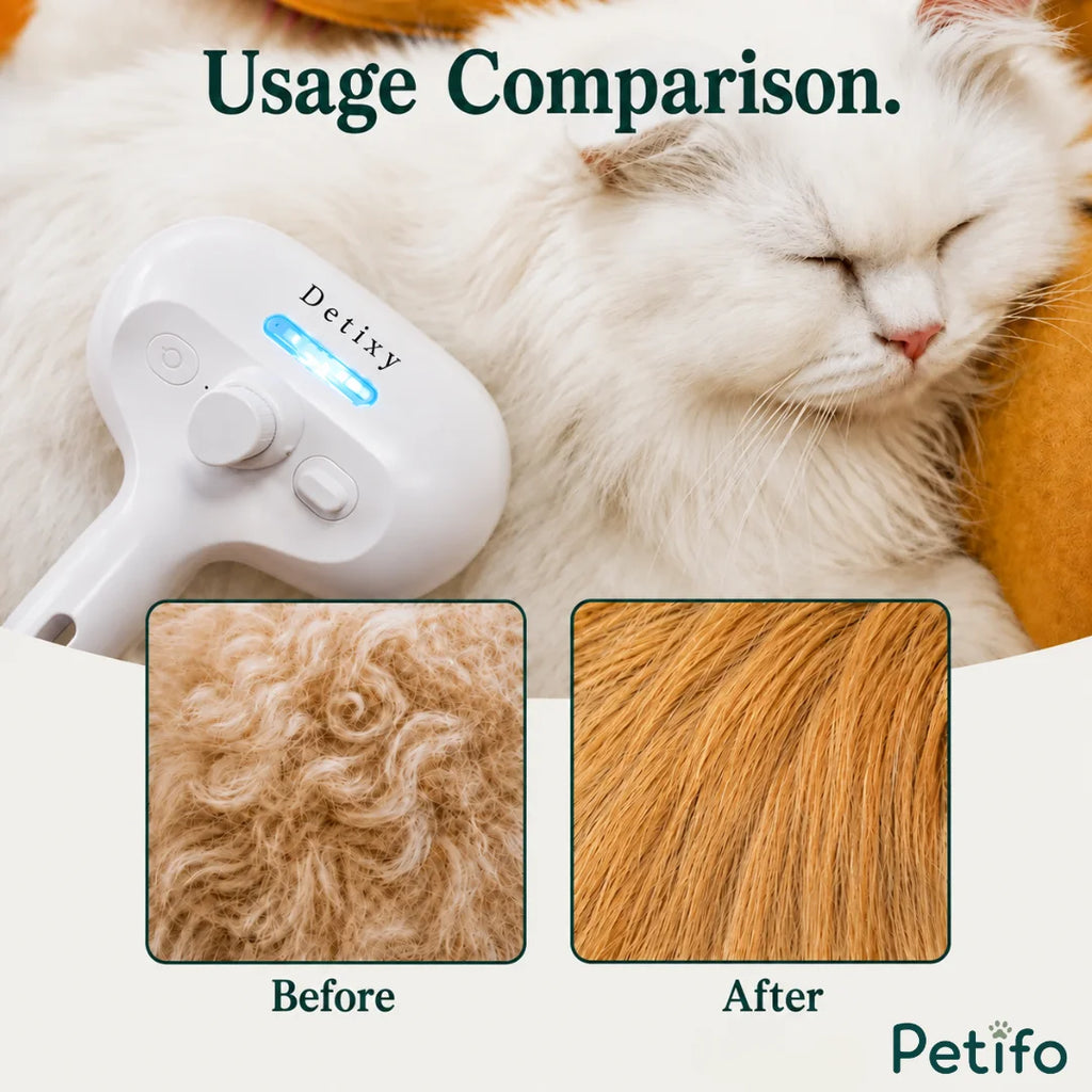 A usage comparison image showing a white Persian cat before and after grooming alongside the Petifo grooming brush.