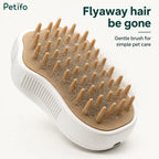 A close-up view of the pet grooming brush covered in collected loose hair and flyaway fur.