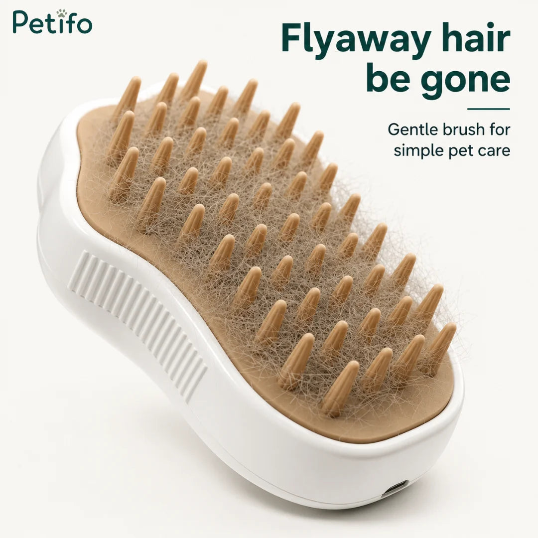 A close-up view of the pet grooming brush covered in collected loose hair and flyaway fur.