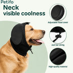 Petifo black anti-anxiety ear muff worn by a dog to help keep them calm and reduce loud noises from fireworks.