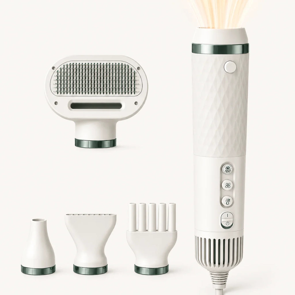 Petifo portable pet blow dryer main unit displayed alongside its four interchangeable styling and grooming attachments.