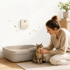 A woman pets a cat sitting next to a litter box with the air purifier on the wall.