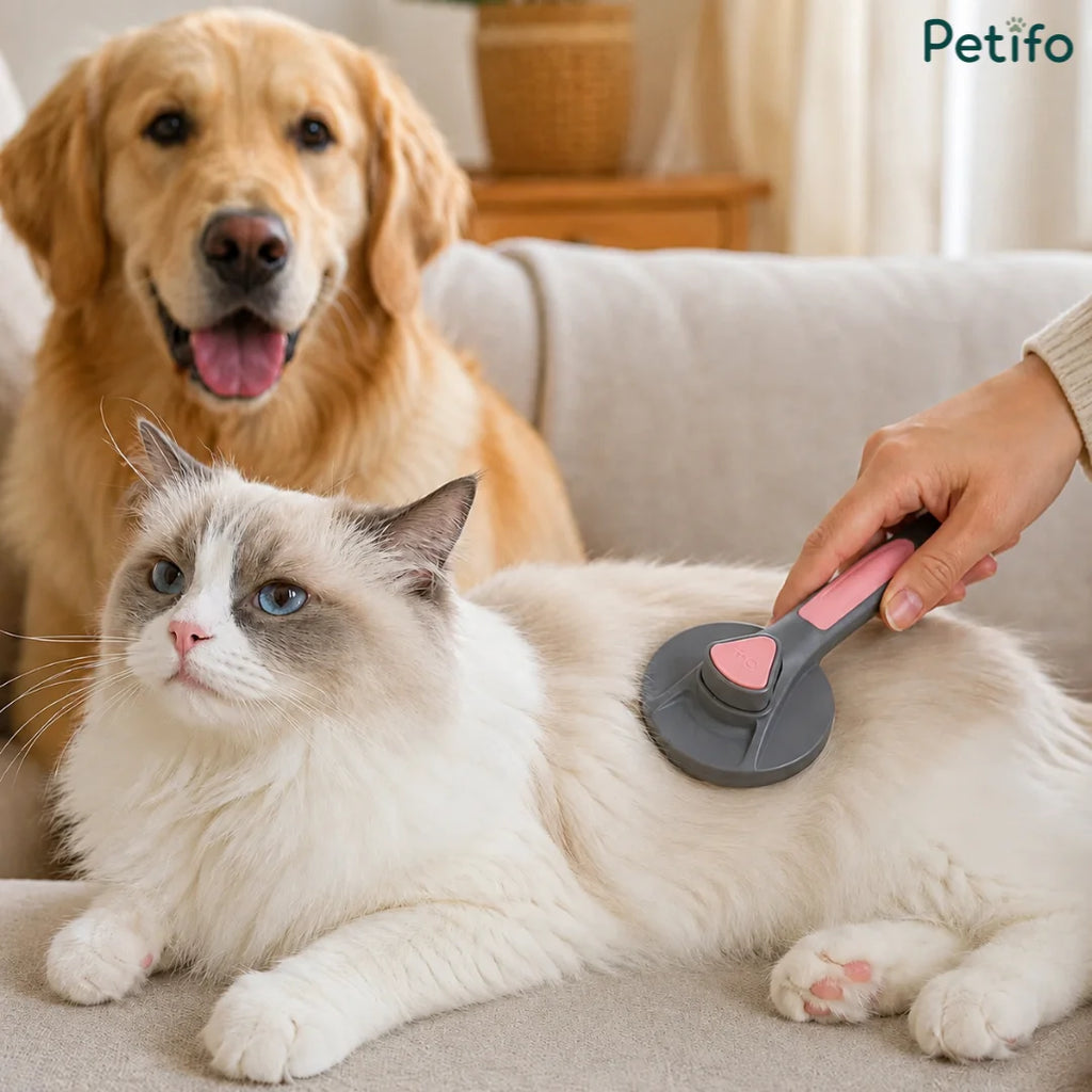 Person using the Petifo pink self-cleaning pet brush to groom a fluffy white and grey cat resting on a couch, with a golden retriever watching in the background.