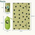 Dimension diagram showing the precise measurements of the dog waste bag roll, dispenser, and sheet.