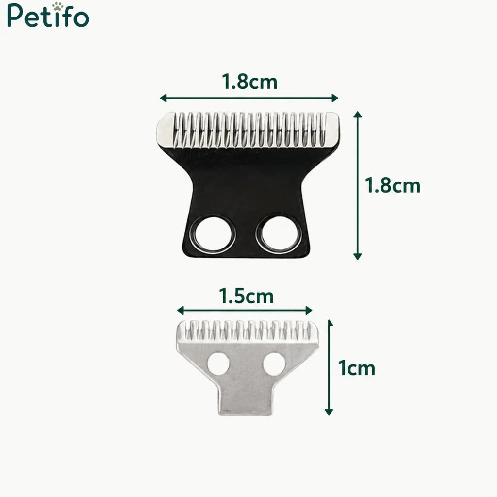 Dimensioned technical drawing showing the precise measurements of small and large pet trimmer blade heads in centimeters.