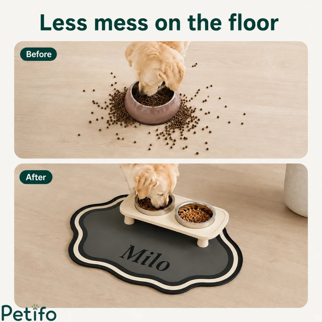 Before-and-after demonstration showing how a personalized raised bowl feeding mat prevents scattered kibble and keeps wooden floors spotless.