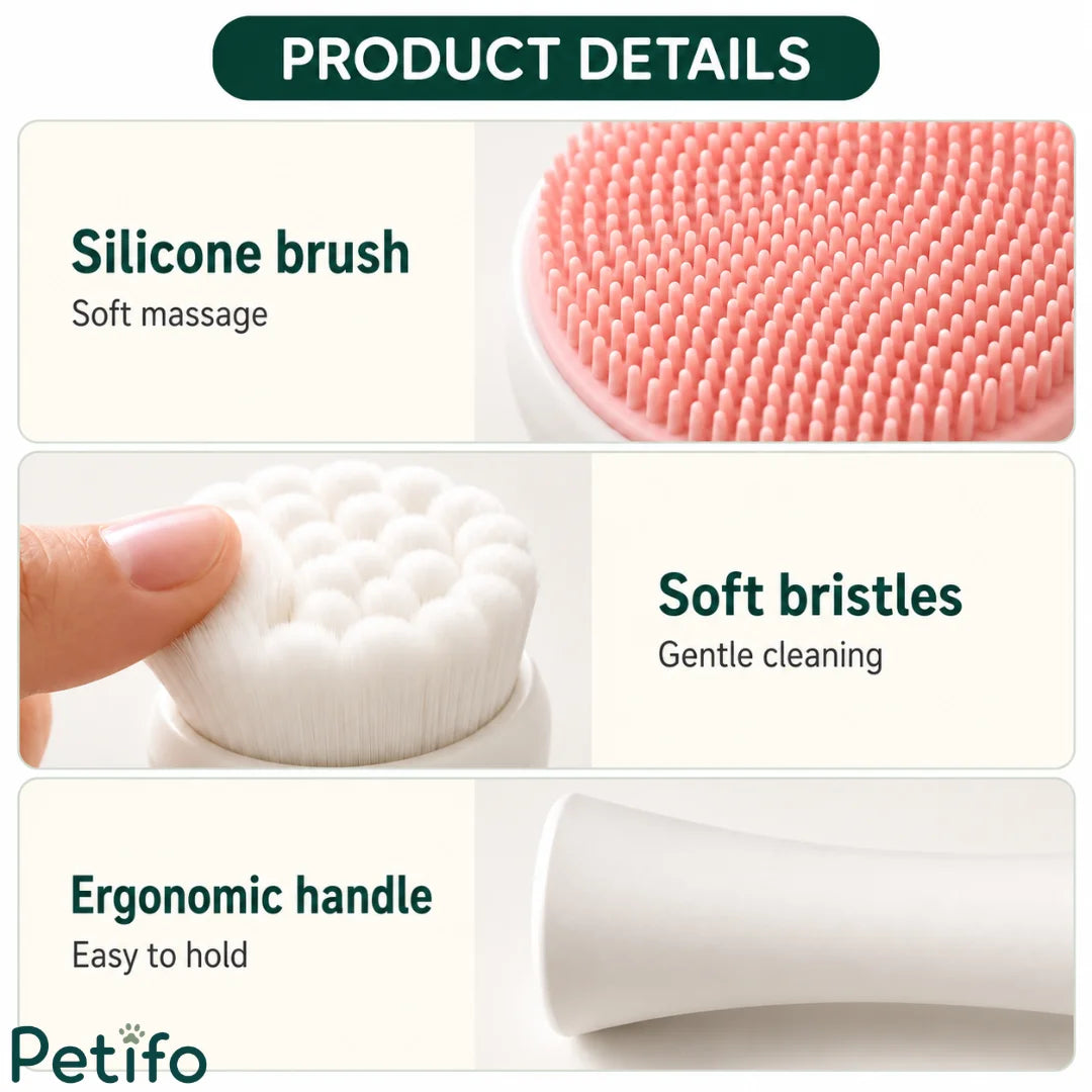 Product details close-up highlighting the silicone massage brush, soft cleaning bristles, and ergonomic handle of the Petifo tool.