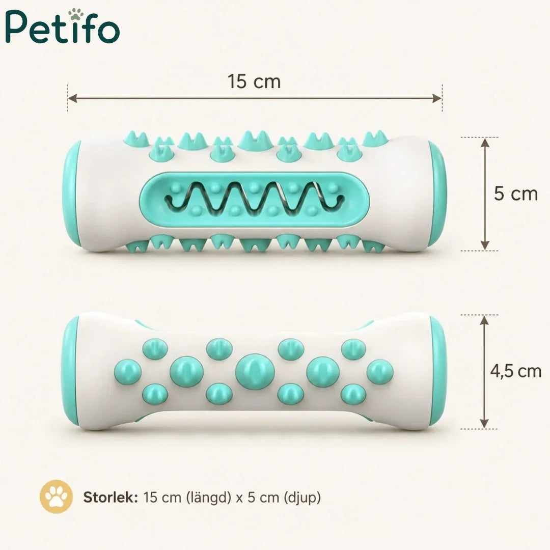 Product dimension diagram of the Petifo dog dental chew toy displaying measurements of 15 cm length and 5 cm depth.