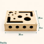 Product dimension infographic showing the 30 cm length, 25 cm width, and 8 cm height measurements of the wooden cat toy.