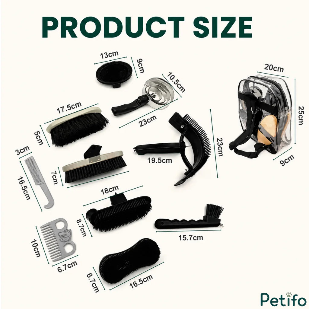 Product size and dimension guide for the complete horse grooming kit tools and clear backpack.