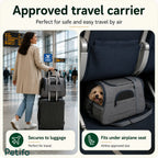 Traveler pulling luggage with a Petifo carrier and a puppy resting under an airline seat.