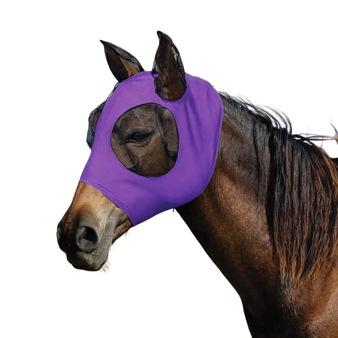 Purple stretch lycra horse fly mask with mesh ears and eye openings for secure wear.
