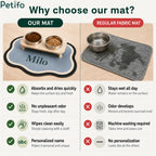 Comparison chart highlighting the advantages of a quick-drying personalized waterproof pet mat over a standard wet fabric mat.