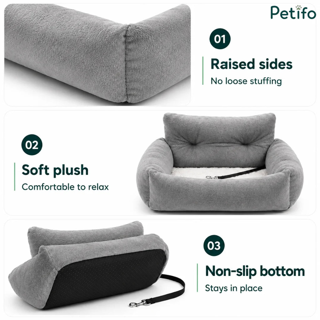 Close-up feature details highlighting raised sides, soft plush material, and a non-slip bottom for stability.