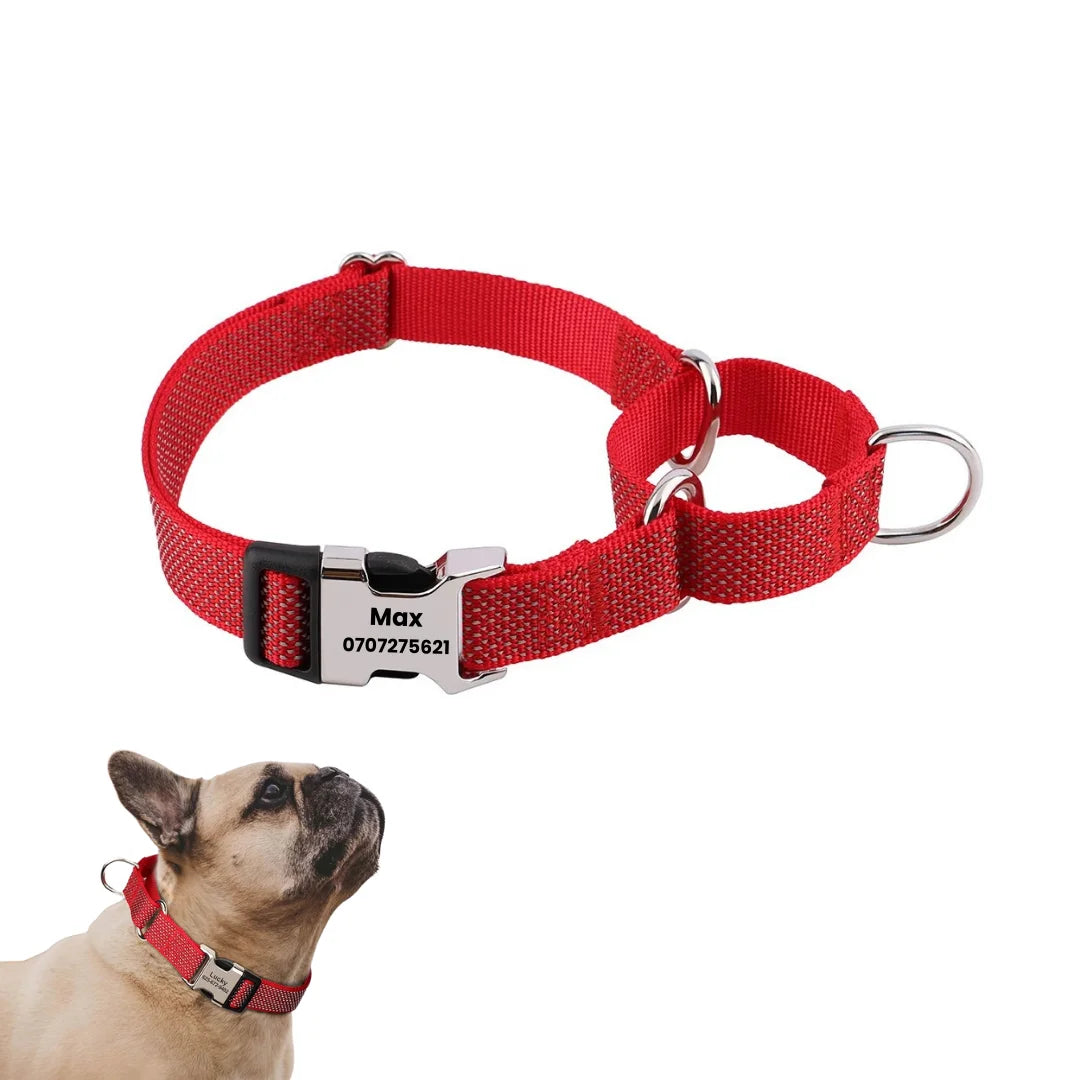 Red personalized nylon dog collar with a custom engraved buckle next to a French bulldog.