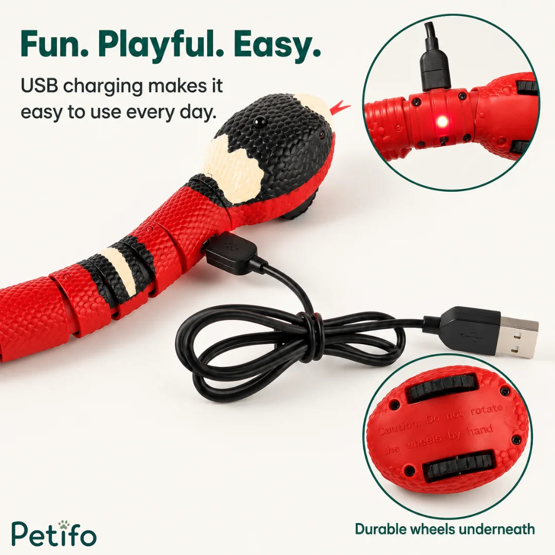 Red and black electronic snake toy featuring USB charging and durable wheels underneath.