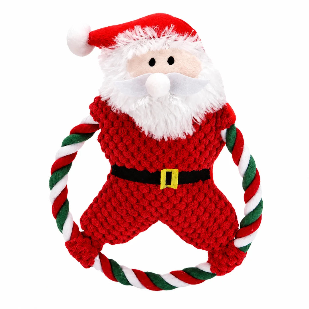 Santa Claus chew toy with a red and green candy cane-style rope loop for interactive dog play.
