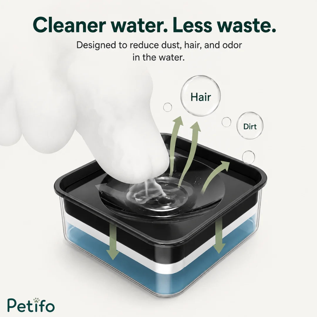 Filtered pet water bowl designed to capture hair, dust, and reduce odors for cleaner hydration.