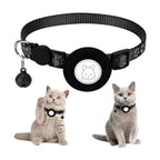 Black reflective cat collar with an integrated AirTag holder case and a hanging safety bell accompanied by two cute kittens.