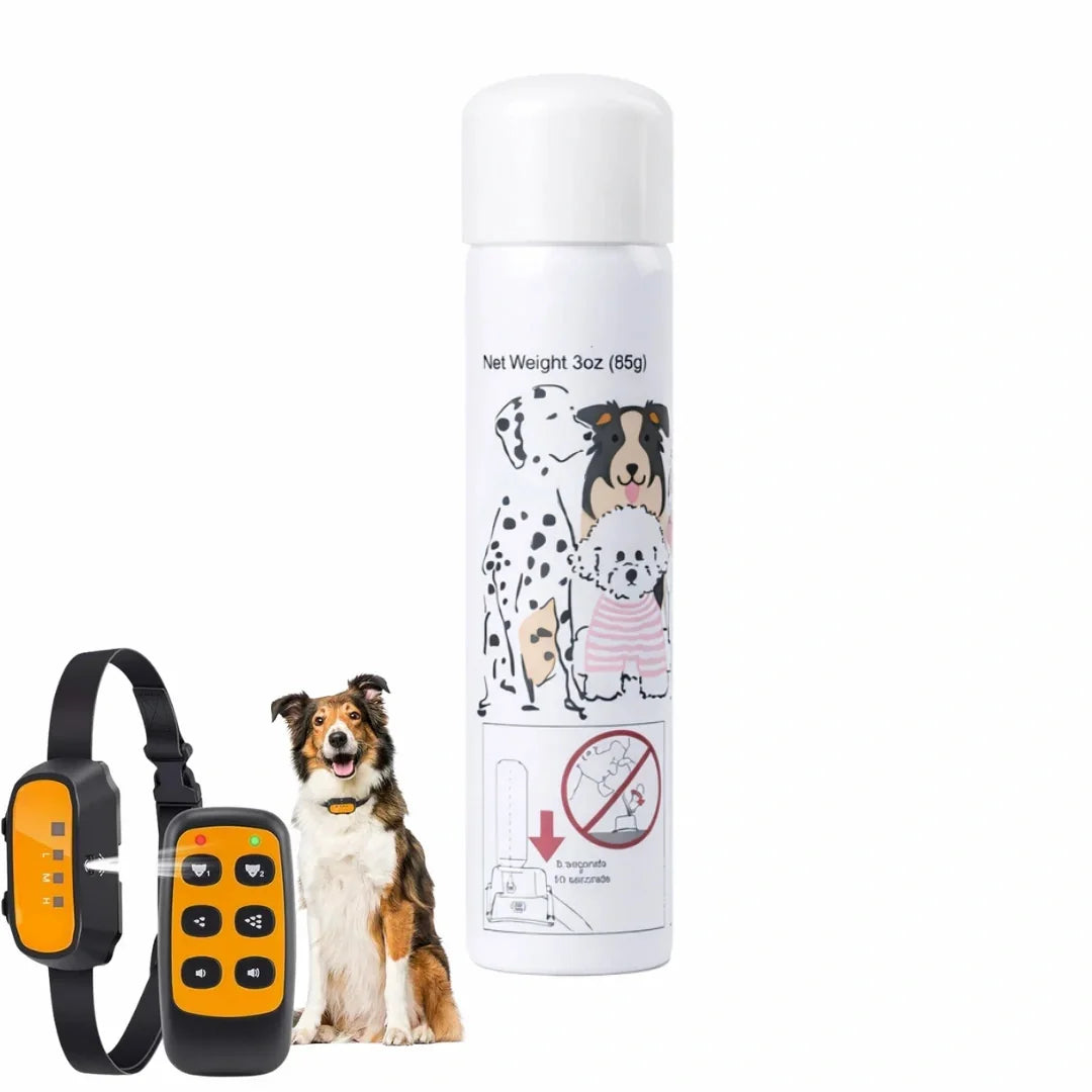 Remote-controlled spray training collar set displayed alongside a 3oz refill canister and a sitting dog.