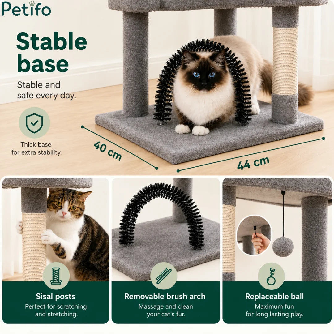 Detailed infographic highlighting the stable base, sisal scratching posts, replaceable cat toy, and removable grooming brush arch of our cat tree.
