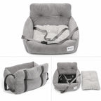 Grey plush dog car seat shown with multiple angles displaying its removable cushion pad and sturdy back straps.
