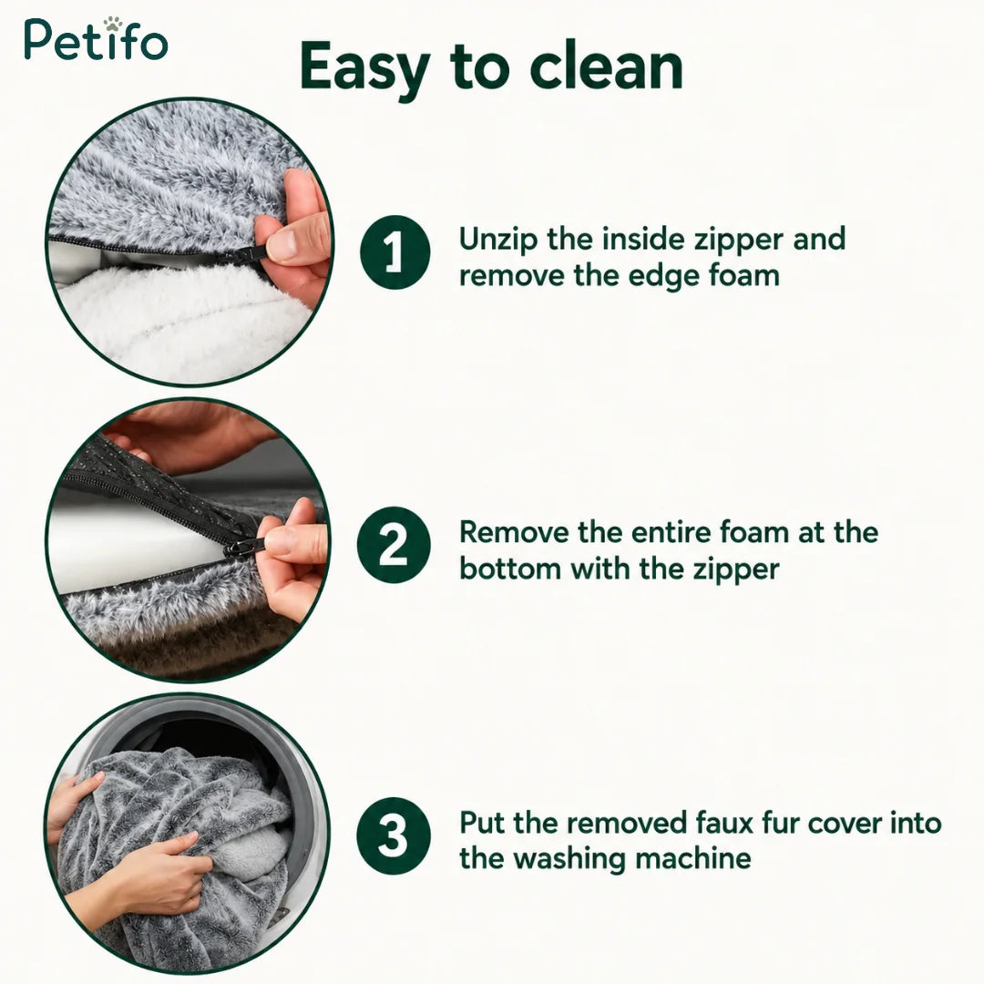 Step-by-step cleaning guide illustrating how to unzip and remove foam and covers from the dog bed.