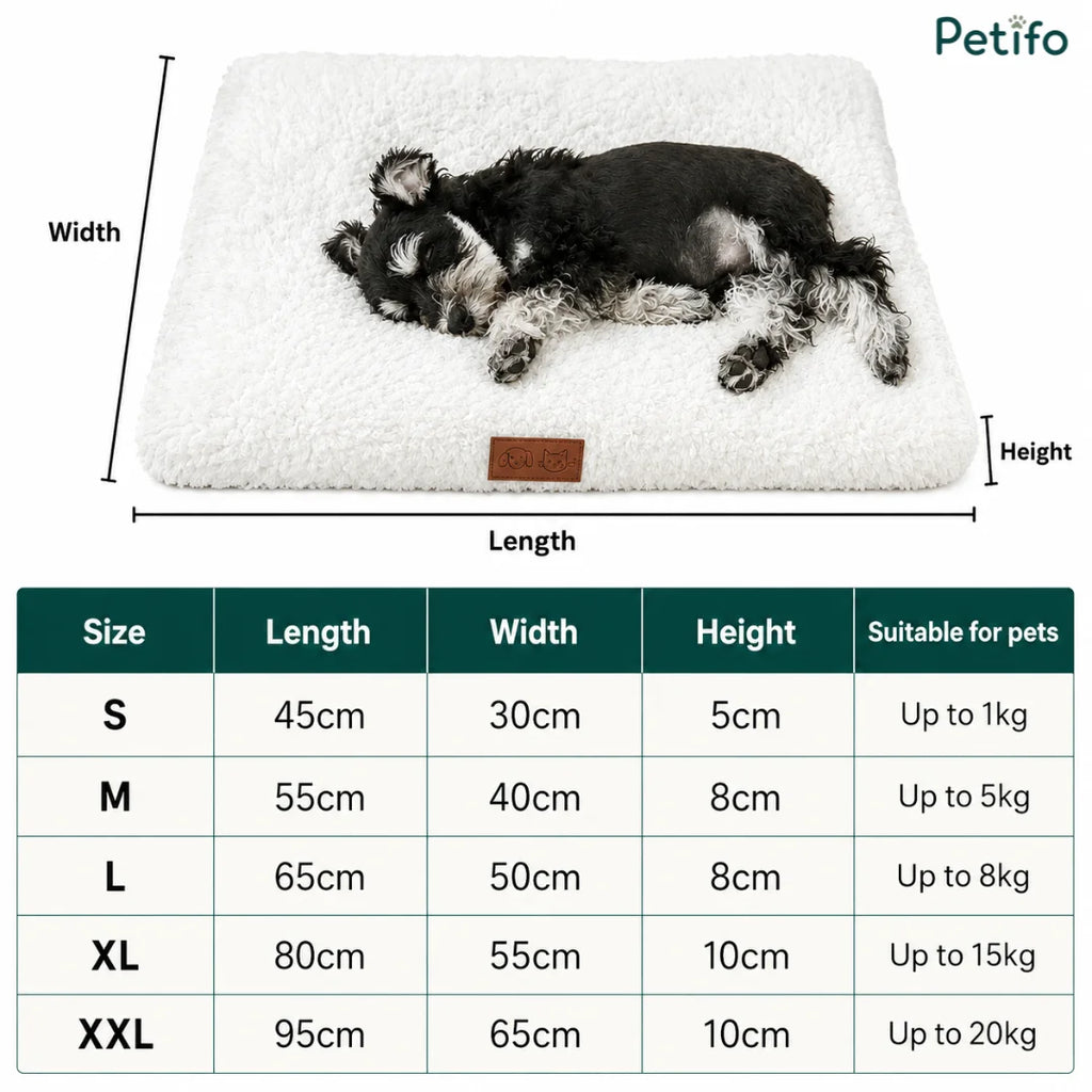 Size chart infographic detailing dimensions from S to XXL for the fluffy rectangle pet mat.