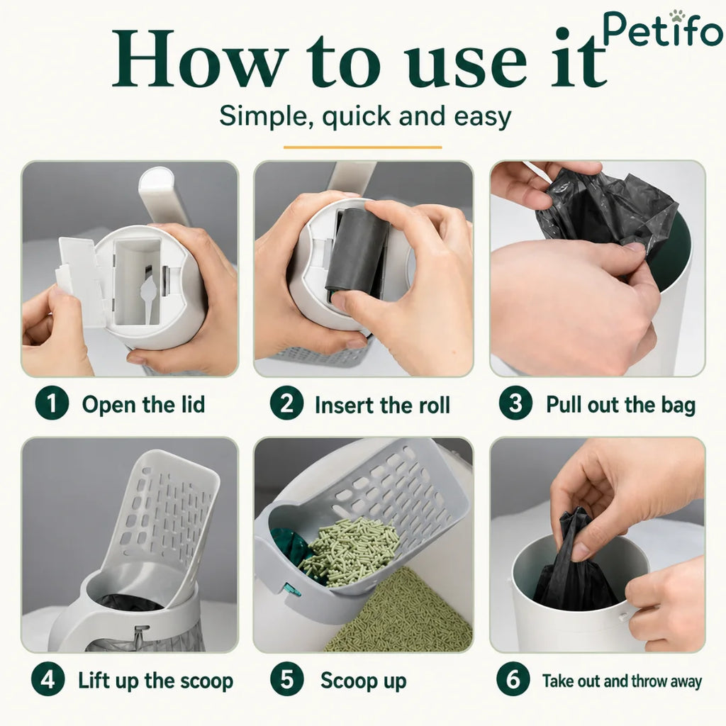 6-step user guide illustrating how to load refill bags, scoop litter, and dispose waste cleanly.