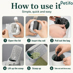 6-step user guide illustrating how to load refill bags, scoop litter, and dispose waste cleanly.